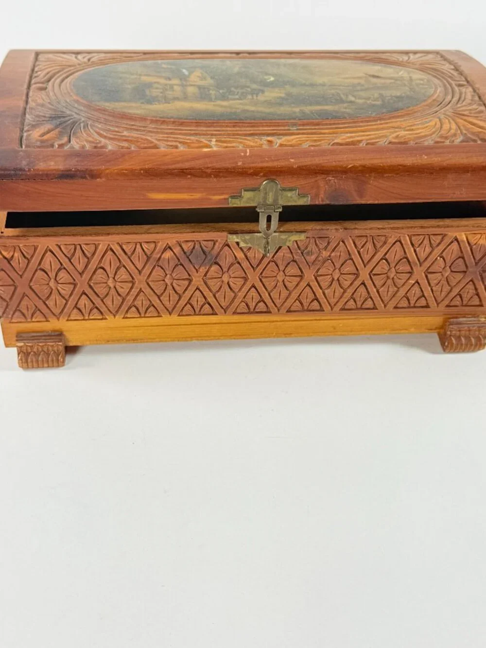 Vintage Cedar Wood Jewelry Box With Carved Floral Design & Landscape Scene Lid